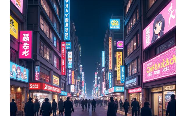 秋葉原の電気街。アニメやゲームのポスター、ネオンサインがカラフルに輝く