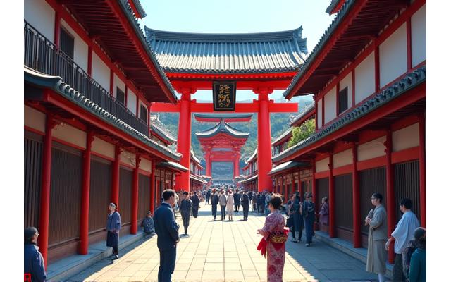 雷門をくぐり、仲見世通りを散策する人々。背景には浅草寺の五重塔が見える
