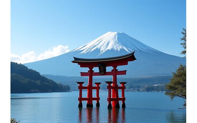 箱根芦ノ湖に浮かぶ赤い鳥居と富士山