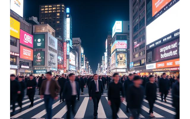 渋谷スクランブル交差点を渡る大勢の人々とライトアップされた建物