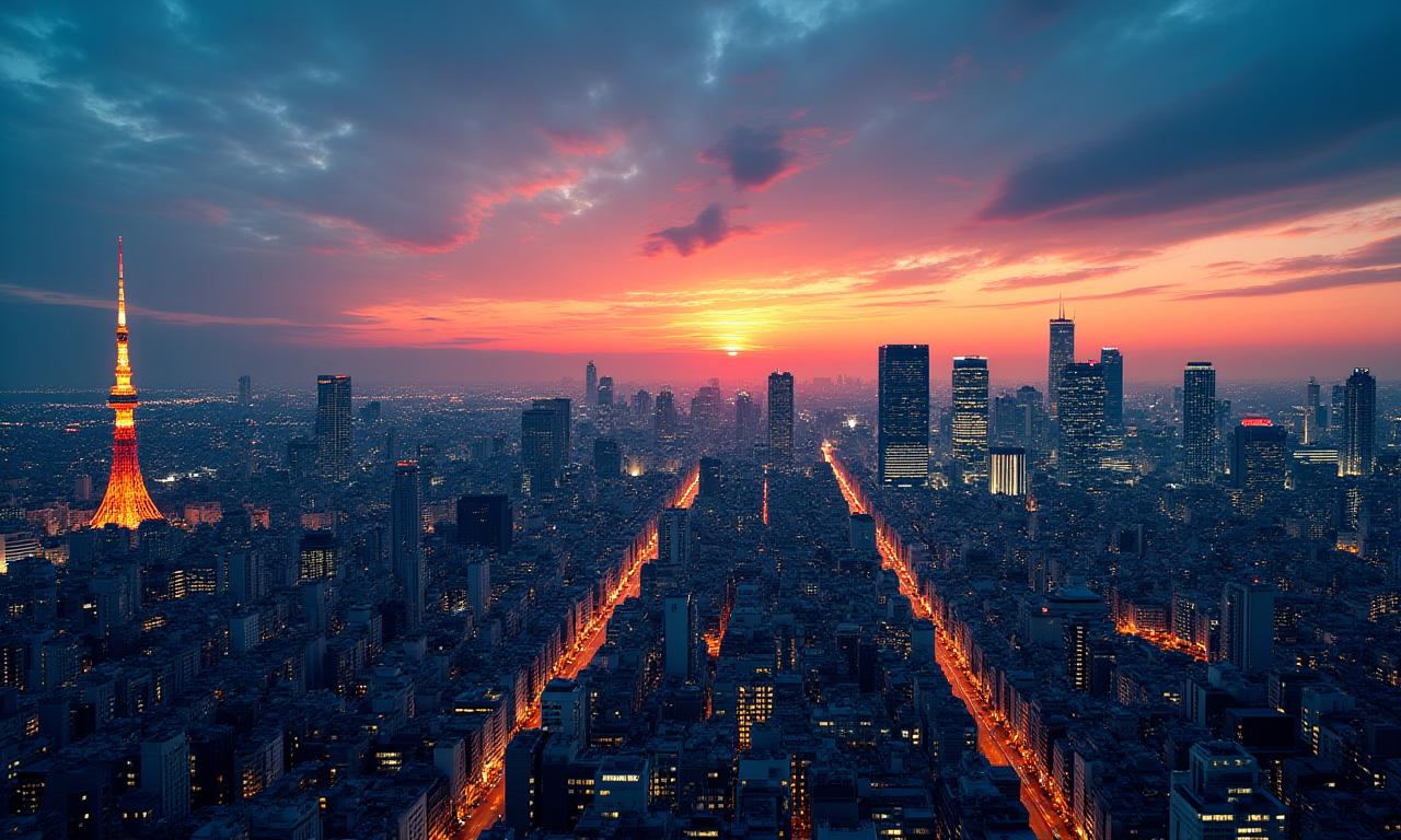 東京の夜景を背景に、ネオンが輝く街並みとスカイツリー