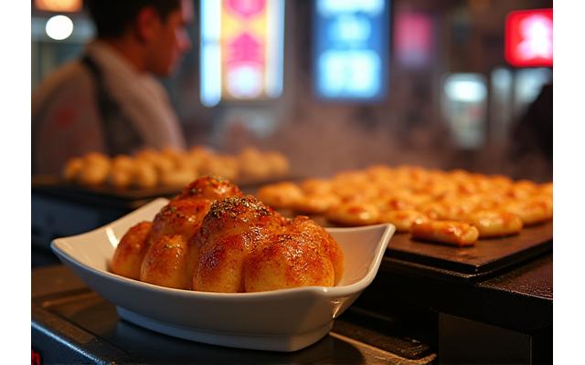 大阪の賑やかなグルメ横丁、たこ焼きと屋台