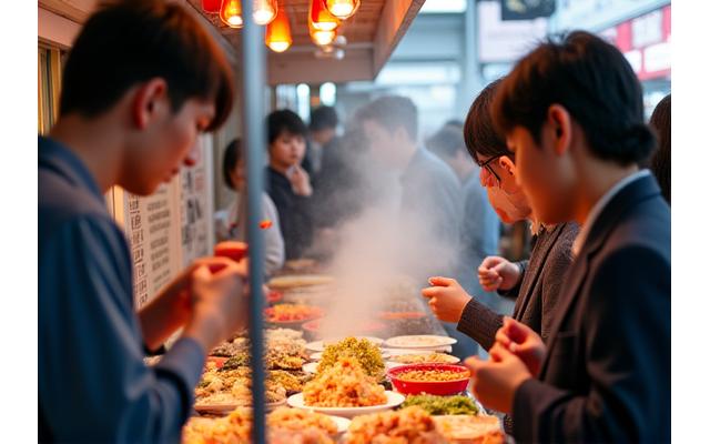 東京の賑やかな築地場外市場の屋台で地元の料理を試食する人々。
