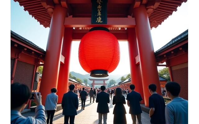 東京の浅草にある、巨大な提灯が特徴的な雷門の前で記念撮影をする観光客たち。