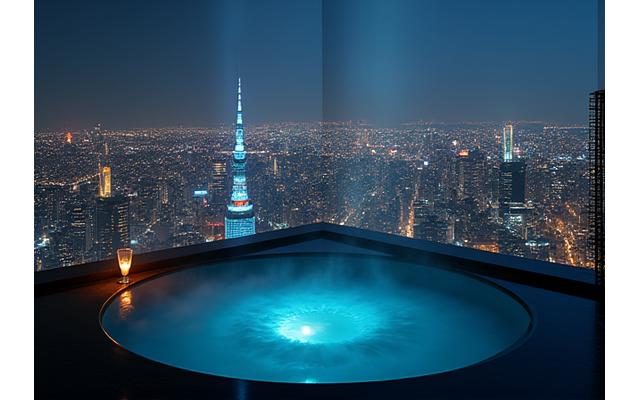 東京の夜景が見下ろせる高層ビルのペントハウスにある、豪華な露天風呂。